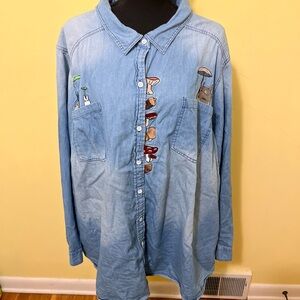 My neighbor Totoro Stylish Denim Shirt with Embroidered Details button up cotton
